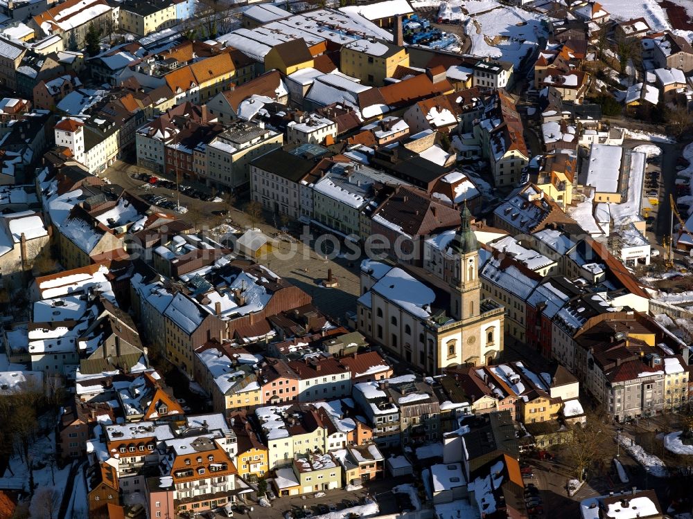 Aerial photograph Traunstein - The parish church of St. Oswald is a Baroque church in Traunstein in Upper Bavaria. It was probably in the 12th Century as a medium-sized late-Romanesque church was built and later rebuilt in Gothic style. The church is located in the center of the town