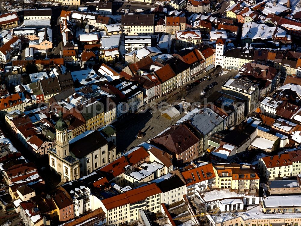 Traunstein from above - The parish church of St. Oswald is a Baroque church in Traunstein in Upper Bavaria. It was probably in the 12th Century as a medium-sized late-Romanesque church was built and later rebuilt in Gothic style. The church is located in the center of the town