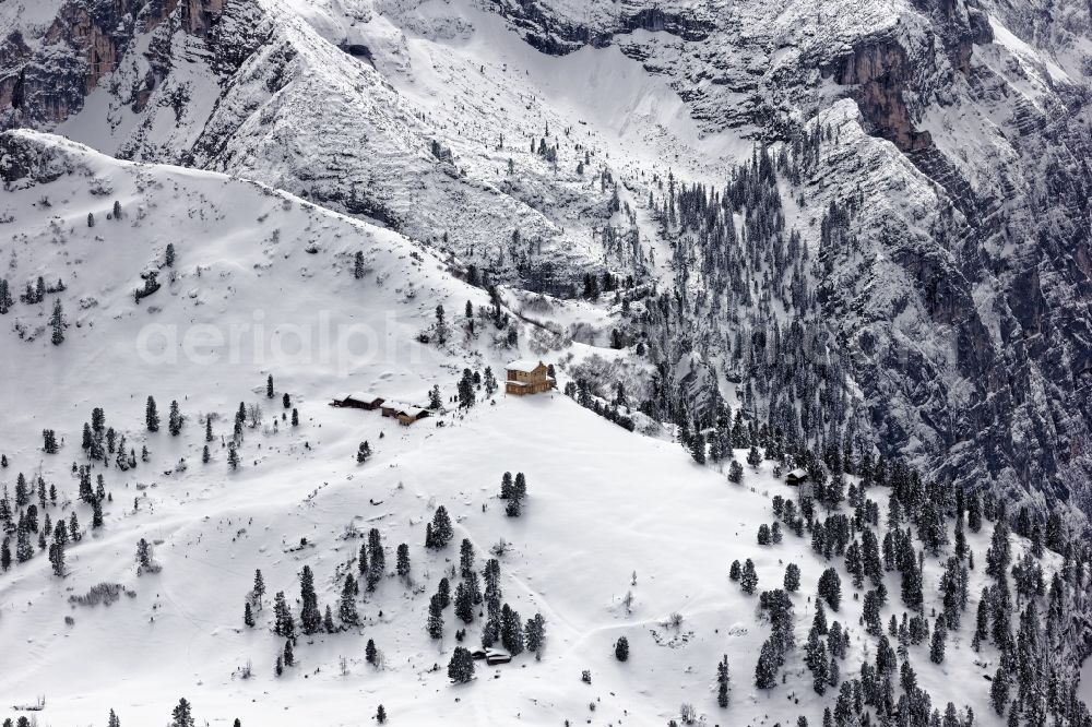 Garmisch-Partenkirchen from the bird's eye view: Wintry snowy King's House on Schachen south of Garmisch-Partenkirchen in the rocks and mountains of the Wetterstein mountains in the state of Bavaria. The castle made of wood was built by Koenig Ludwig