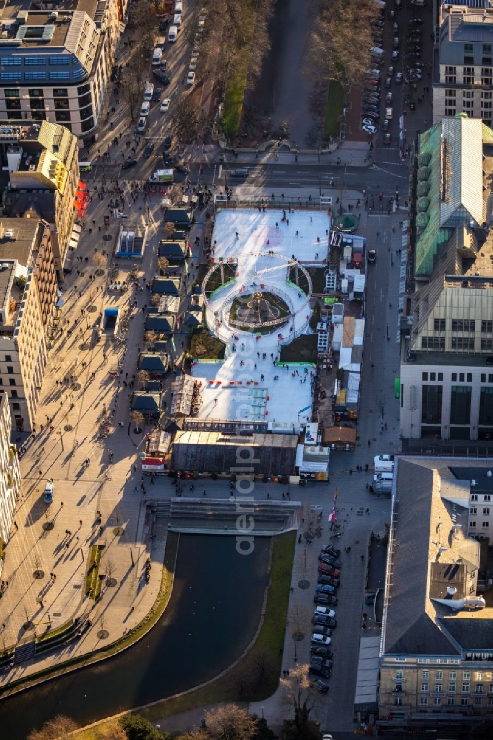 Aerial image Düsseldorf - Wintry white shining ice covering on Schadowplatz - Koenigsallee in Duesseldorf in the state North Rhine-Westphalia, Germany