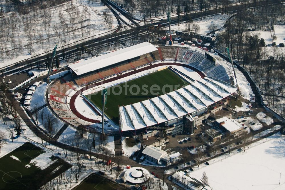 Karlsruhe from the bird's eye view: Wintry snowy Football stadium in the snow of the football club Wildparkstadion des KSC in Karlsruhe in the state Baden-Wuerttemberg