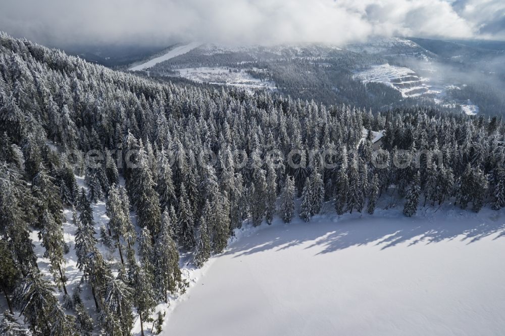 Aerial photograph Seebach - Wintry snowy Riparian areas on the lake area of Mummelsee in Seebach in the state Baden-Wuerttemberg