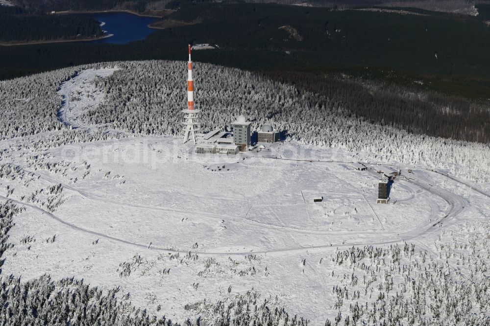 Aerial image Schierke - Forest and mountain scenery Brocken in winter in Schierke in the state Saxony-Anhalt