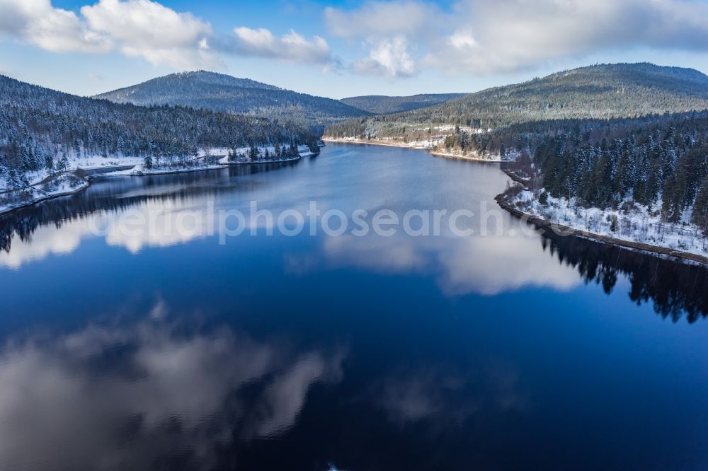 Aerial image Forbach - Wintry snowy Dam and shore areas at the lake Schwarzenbachtalsperre in Forbach in the state Baden-Wuerttemberg