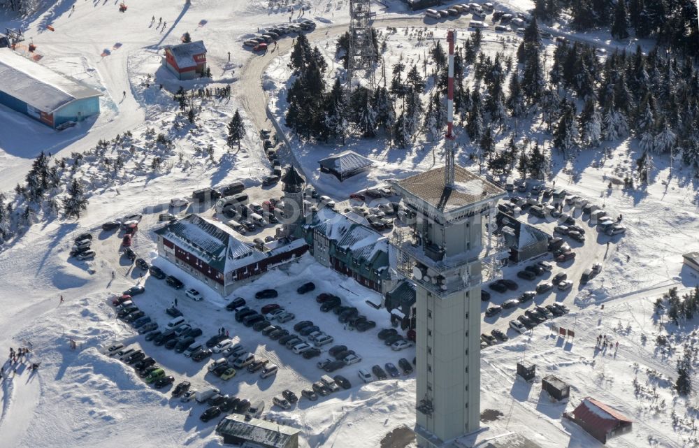 Aerial image Jáchymov - Wintry ski area Klinovec in Jachymov in Karlovarsky kraj, Czech Republic