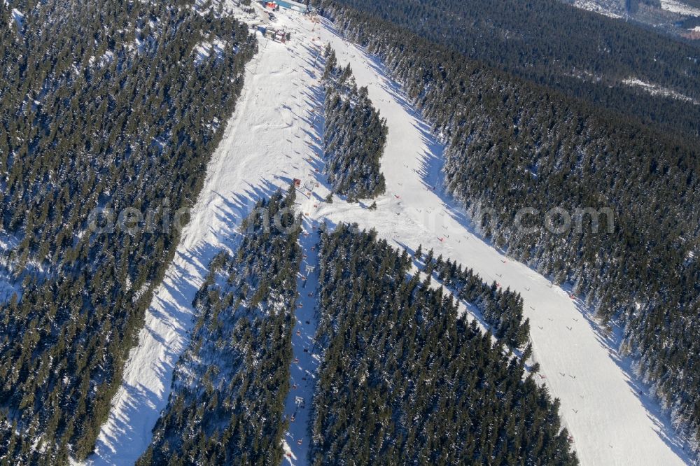 Aerial image Jáchymov - Wintry ski area Klinovec in Jachymov in Karlovarsky kraj, Czech Republic