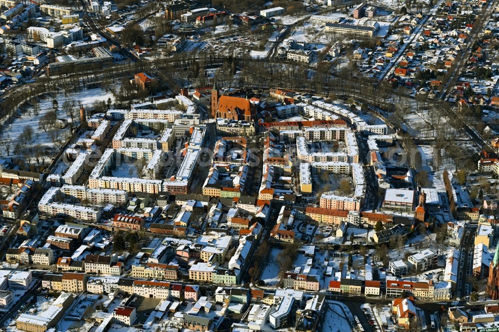 Aerial image Bernau - Wintry snowy old Town area and city center in Bernau in the state Brandenburg, Germany