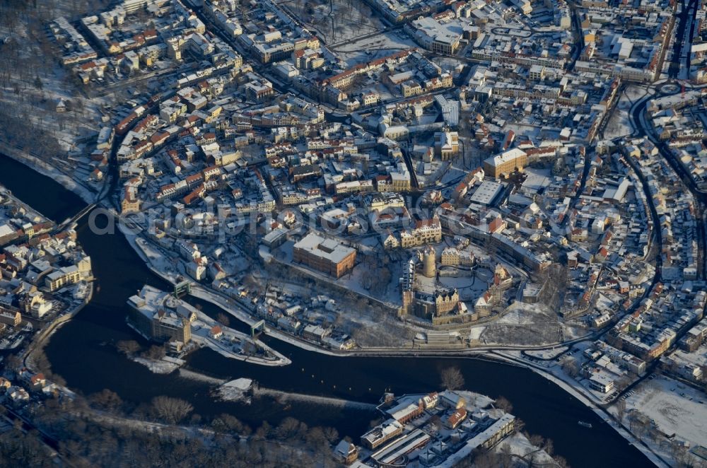 Bernburg (Saale) from above - Wintry snowy old Town area and city center in Bernburg (Saale) in the state Saxony-Anhalt, Germany