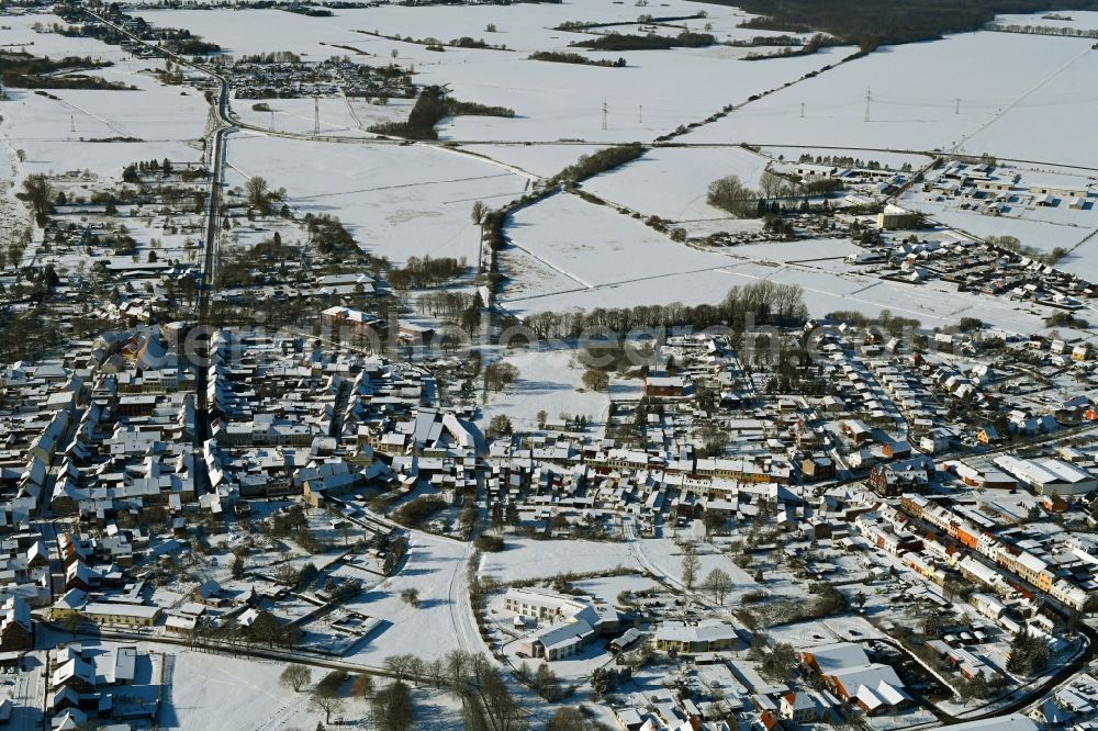 Aerial image Loitz - Wintry snowy old Town area and city center in Loitz in the state Mecklenburg - Western Pomerania, Germany