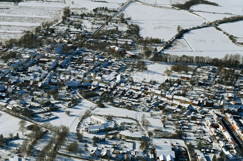 Loitz from above - Wintry snowy old Town area and city center in Loitz in the state Mecklenburg - Western Pomerania, Germany