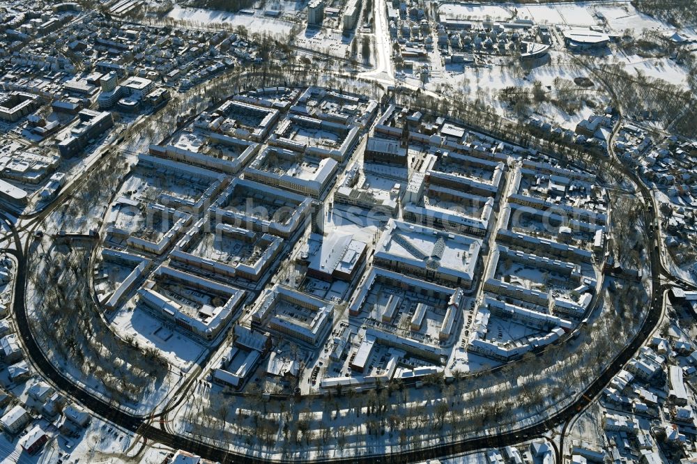 Aerial image Neubrandenburg - Wintry snowy old Town area and city center in Neubrandenburg in the state Mecklenburg - Western Pomerania, Germany