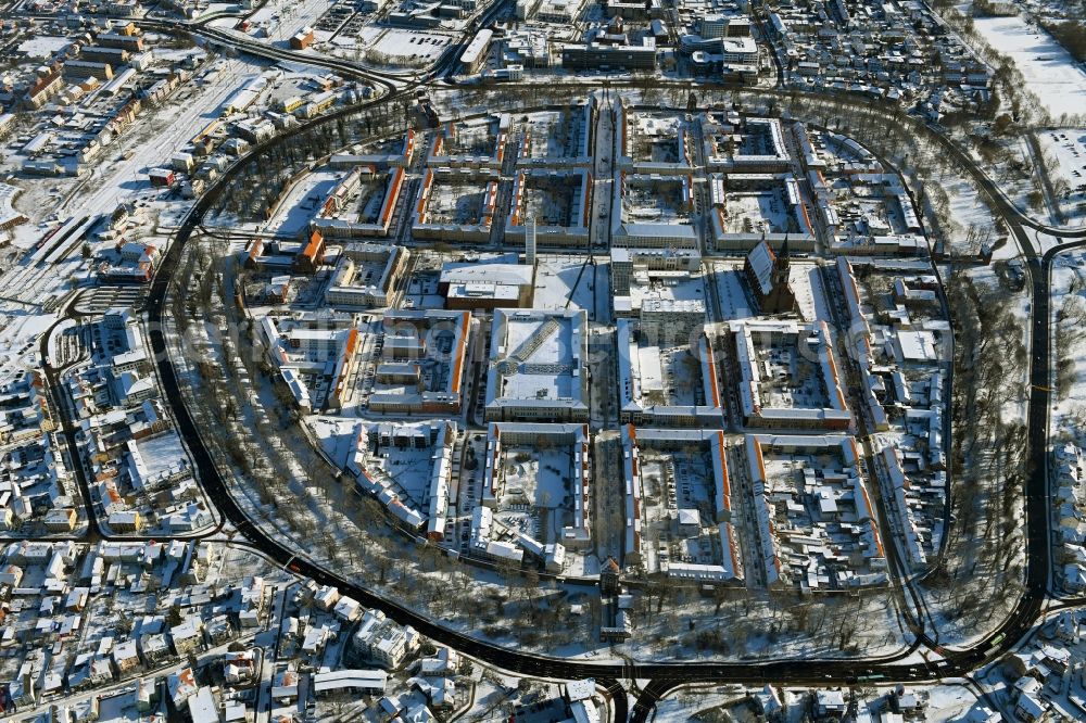 Neubrandenburg from above - Wintry snowy old Town area and city center in Neubrandenburg in the state Mecklenburg - Western Pomerania, Germany