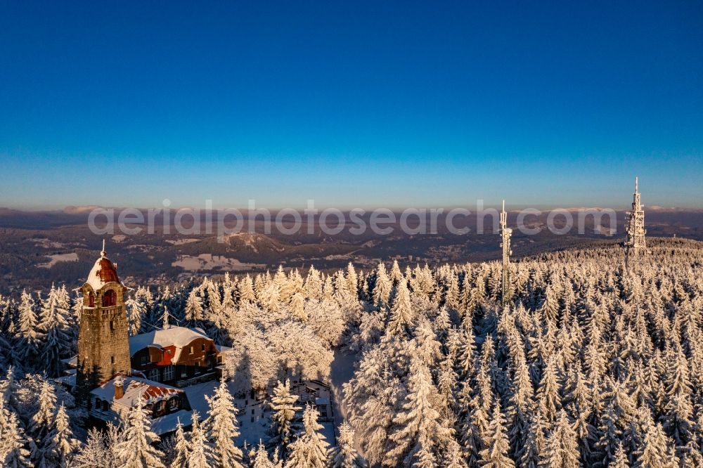 Smrzovka from the bird's eye view: Wintry snowy structure of the observation tower on Cerna studnice - Schwarzbrunnkoppe in Smrzovka Jizera Mountains in Liberecky kraj, Czech Republic