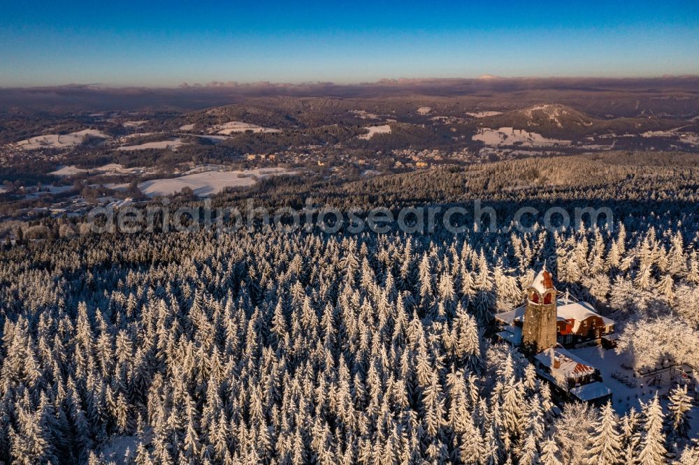 Aerial photograph Smrzovka - Wintry snowy structure of the observation tower on Cerna studnice - Schwarzbrunnkoppe in Smrzovka Jizera Mountains in Liberecky kraj, Czech Republic