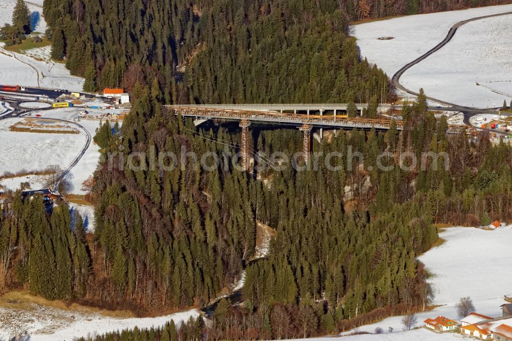 Rottenbruch from above - Wintry snowy New construction of the bridge structure Echelsbacher Bruecke on Ammerschlucht in Rottenbruch in the state Bavaria, Germany