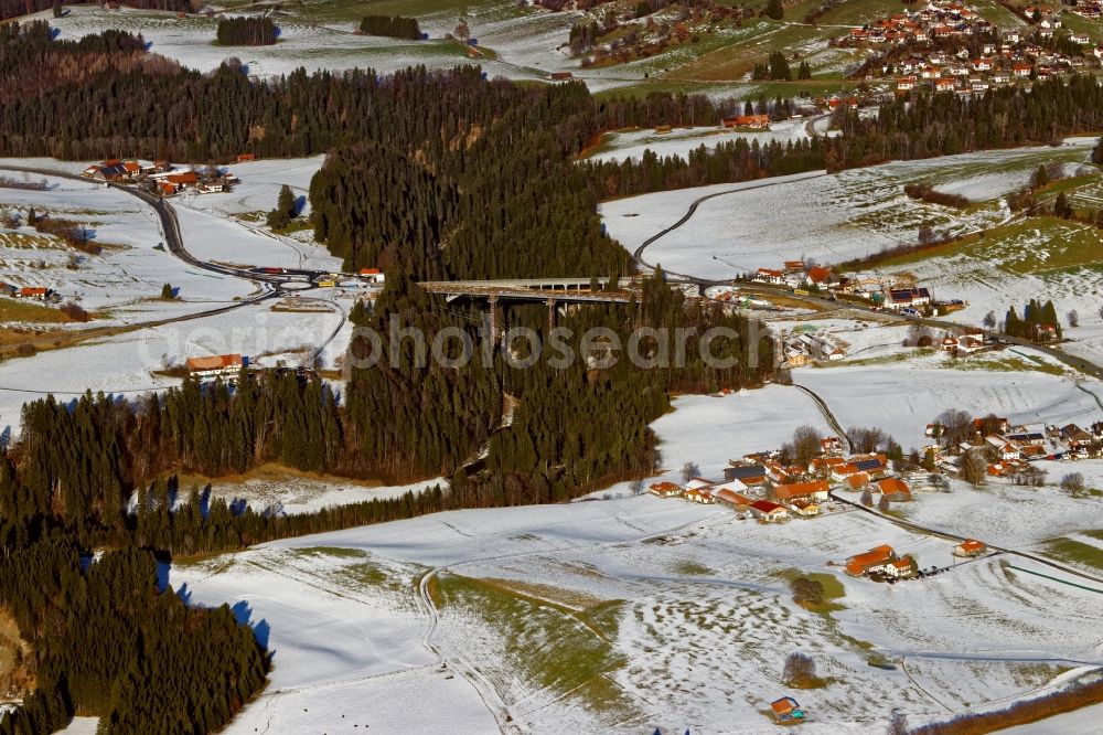 Aerial image Rottenbruch - Wintry snowy New construction of the bridge structure Echelsbacher Bruecke on Ammerschlucht in Rottenbruch in the state Bavaria, Germany