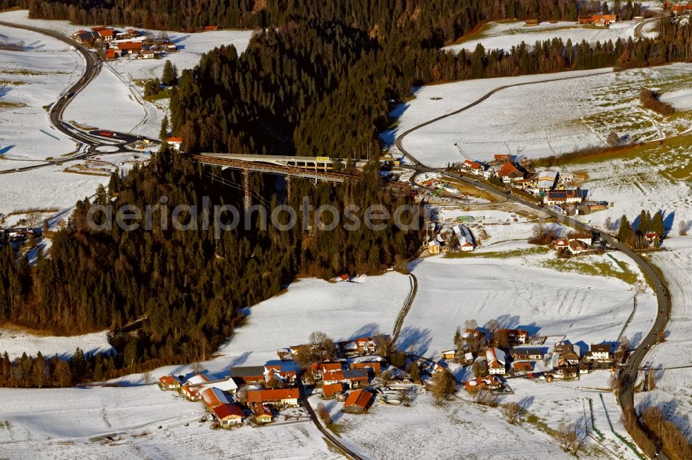 Rottenbruch from above - Wintry snowy New construction of the bridge structure Echelsbacher Bruecke on Ammerschlucht in Rottenbruch in the state Bavaria, Germany