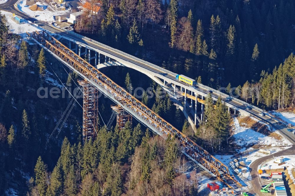 Aerial image Rottenbruch - Wintry snowy New construction of the bridge structure Echelsbacher Bruecke on Ammerschlucht in Rottenbruch in the state Bavaria, Germany