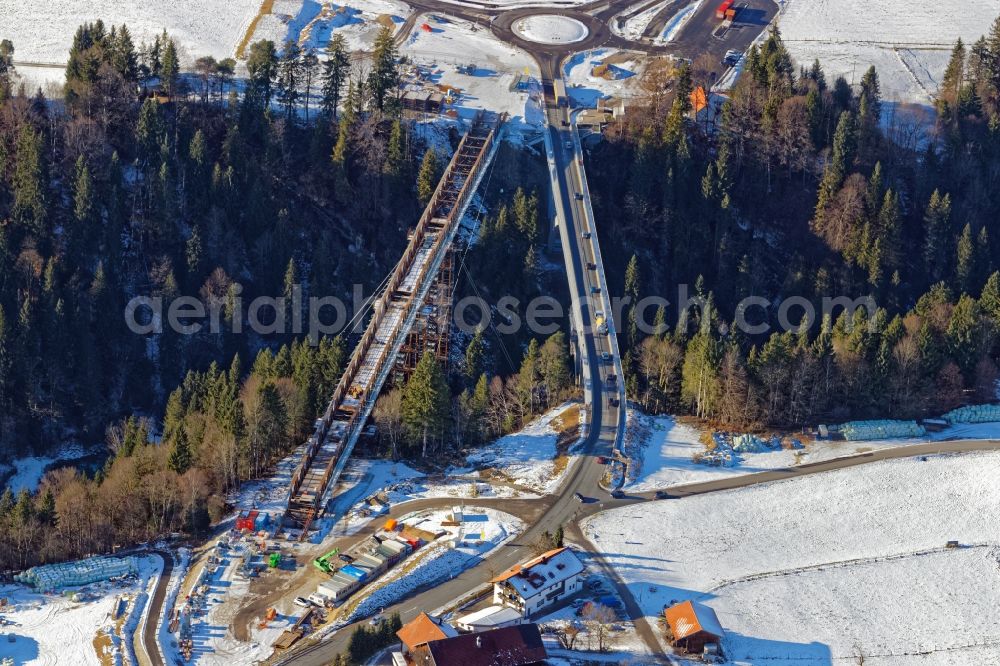 Rottenbruch from above - Wintry snowy New construction of the bridge structure Echelsbacher Bruecke on Ammerschlucht in Rottenbruch in the state Bavaria, Germany