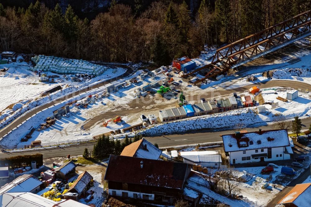 Aerial image Rottenbruch - Wintry snowy New construction of the bridge structure Echelsbacher Bruecke on Ammerschlucht in Rottenbruch in the state Bavaria, Germany