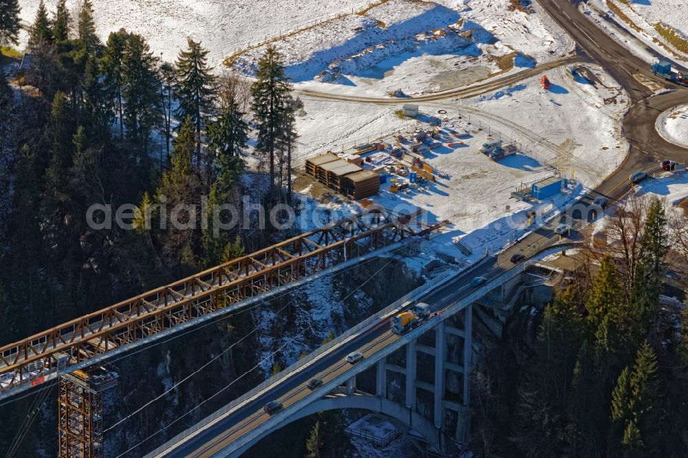 Aerial photograph Rottenbruch - Wintry snowy New construction of the bridge structure Echelsbacher Bruecke on Ammerschlucht in Rottenbruch in the state Bavaria, Germany