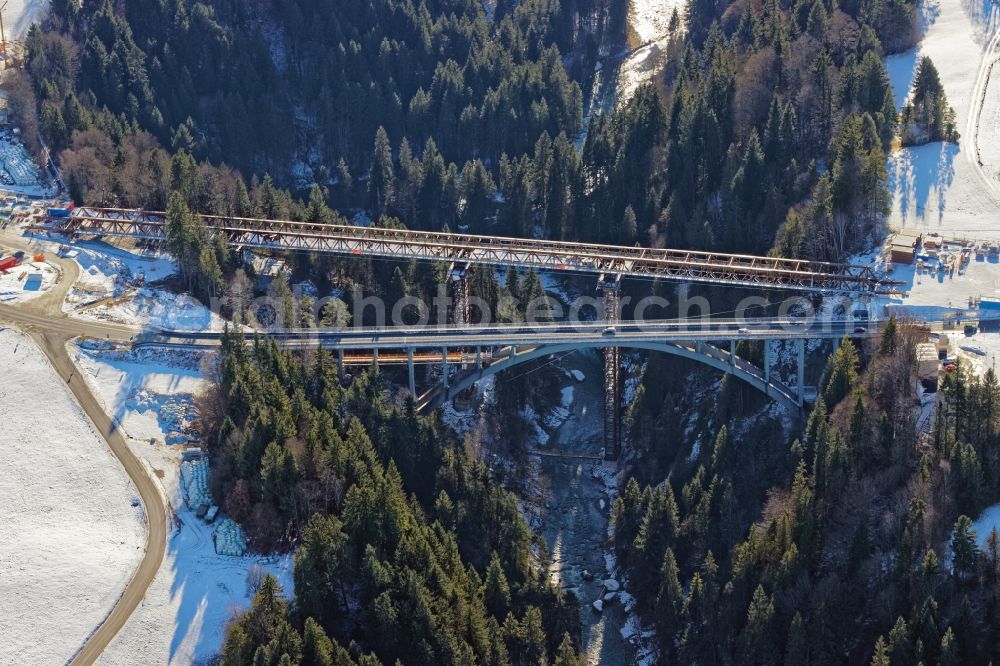 Rottenbruch from above - Wintry snowy New construction of the bridge structure Echelsbacher Bruecke on Ammerschlucht in Rottenbruch in the state Bavaria, Germany