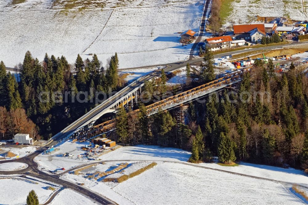 Rottenbruch from above - Wintry snowy New construction of the bridge structure Echelsbacher Bruecke on Ammerschlucht in Rottenbruch in the state Bavaria, Germany