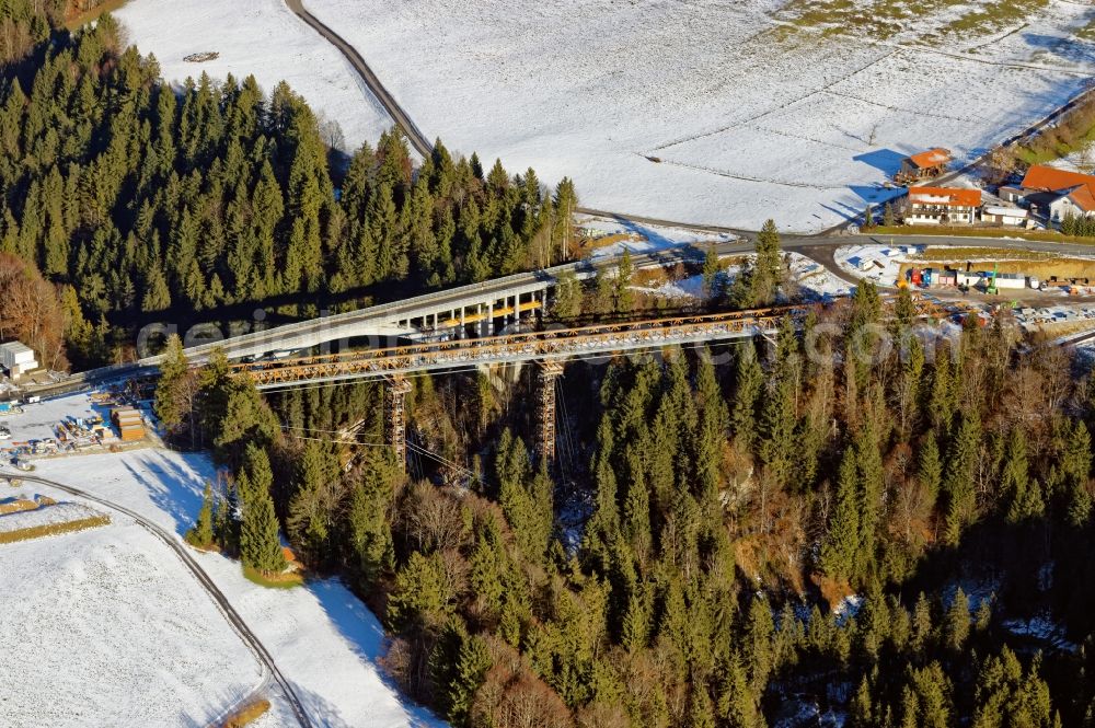 Aerial image Rottenbruch - Wintry snowy New construction of the bridge structure Echelsbacher Bruecke on Ammerschlucht in Rottenbruch in the state Bavaria, Germany