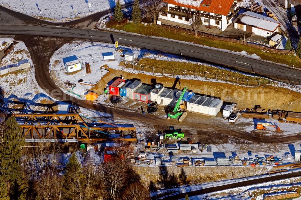 Rottenbruch from above - Wintry snowy New construction of the bridge structure Echelsbacher Bruecke on Ammerschlucht in Rottenbruch in the state Bavaria, Germany