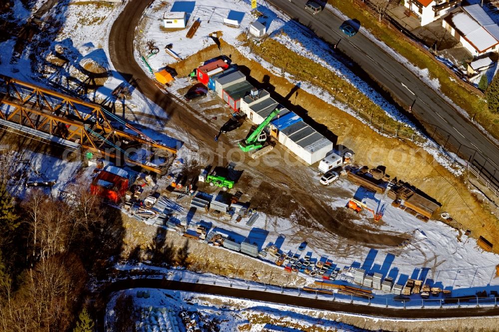 Aerial image Rottenbruch - Wintry snowy New construction of the bridge structure Echelsbacher Bruecke on Ammerschlucht in Rottenbruch in the state Bavaria, Germany