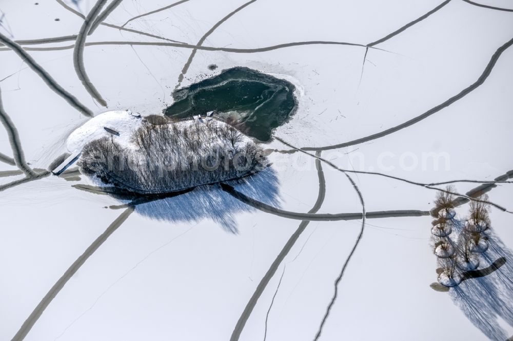 Dortmund from above - Wintry snowy tree island on the frozen Phoenix See in the district Hoerde in Dortmund in the Ruhr area in the state North Rhine-Westphalia, Germany