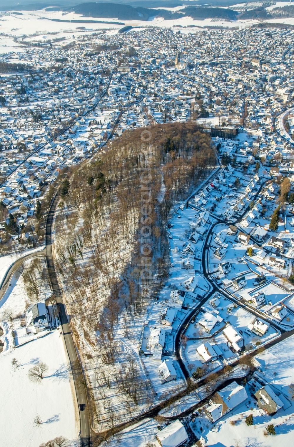 Brilon from above - Wintry snowy Treetops in a wooded area in Brilon in the state North Rhine-Westphalia