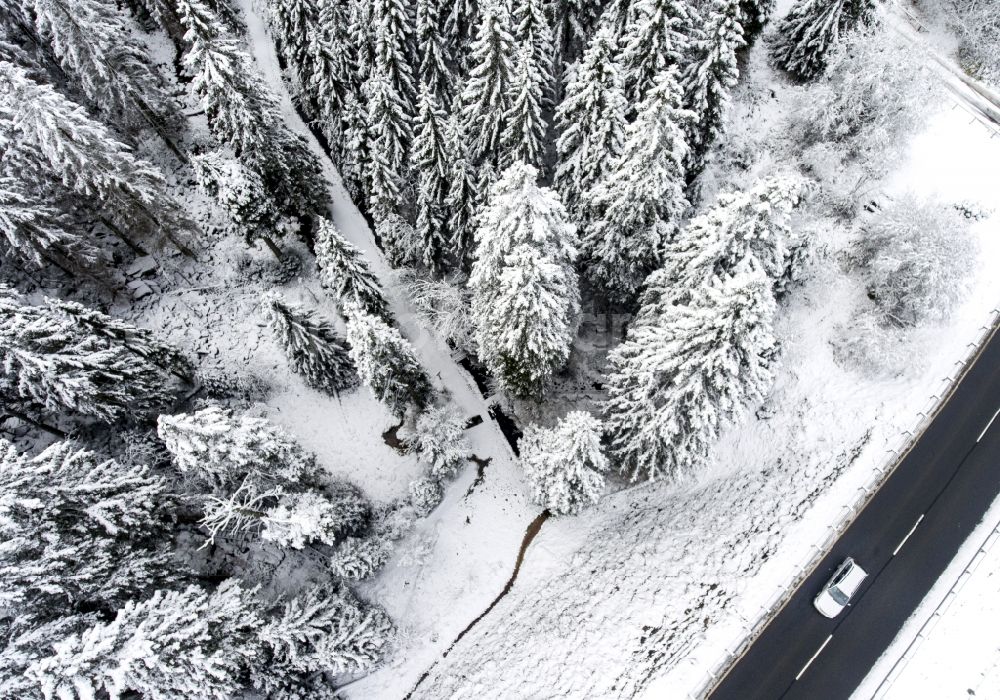 Sankt Andreasberg from the bird's eye view: Wintry snowy treetops in a wooded area in Sankt Andreasberg in the state Lower Saxony, Germany