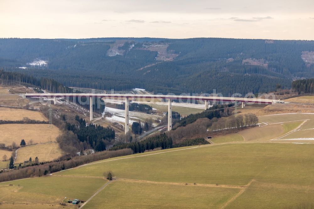 Nuttlar from above - Wintry snowy New construction of the Highway - motorway bridge of the A46 Talbruecke Schormecke - Schormecke Bruecke of BAB A46 in Nuttlar in the state North Rhine-Westphalia, Germany