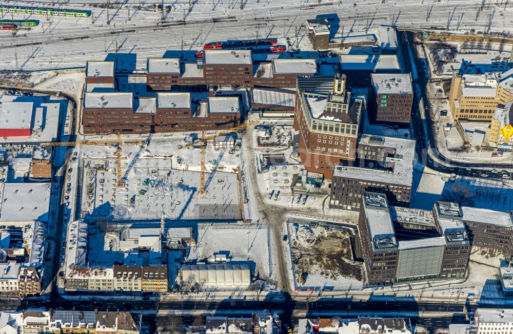 Aerial image Dortmund - Wintry snowy construction site of a student dorm on Emil-Moog-Platz - Benno-Elkan-Allee - Ritterstrasse in Dortmund in the state North Rhine-Westphalia, Germany