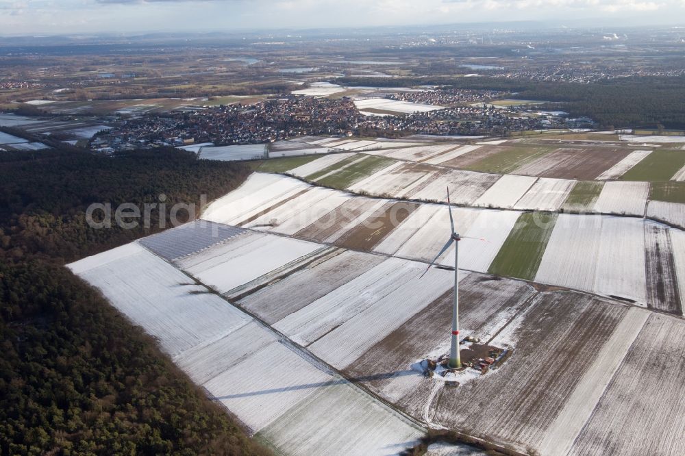 Aerial image Hatzenbühl - Wintry snowy Construction site for wind turbine installation in Hatzenbuehl in the state Rhineland-Palatinate, Germany