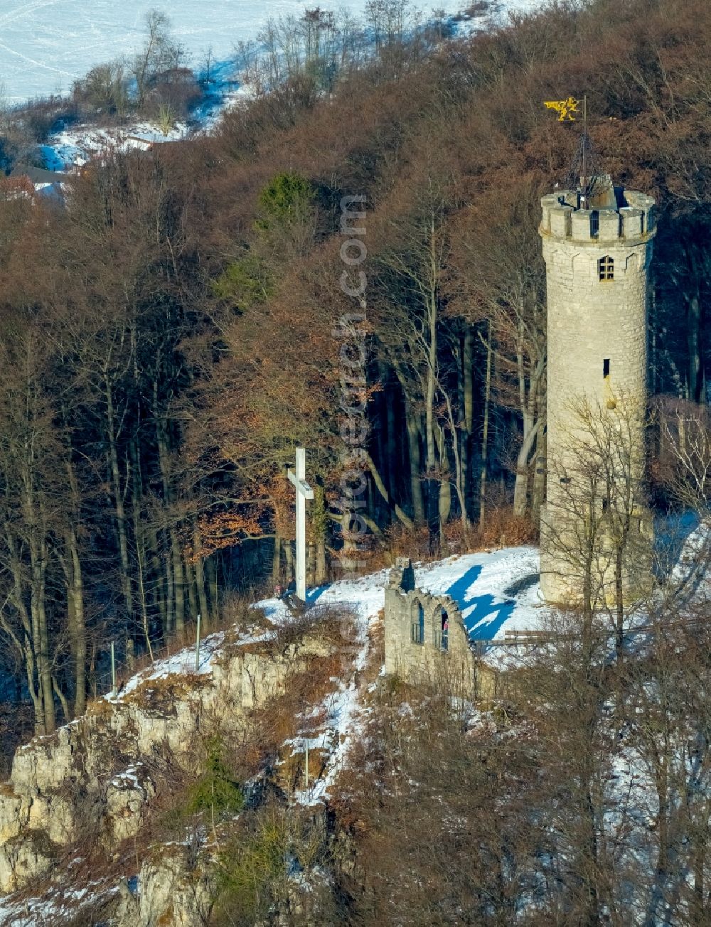 Marsberg from the bird's eye view: Wintry snowy structure of the observation tower Bilsteinturm in Marsberg in the state North Rhine-Westphalia