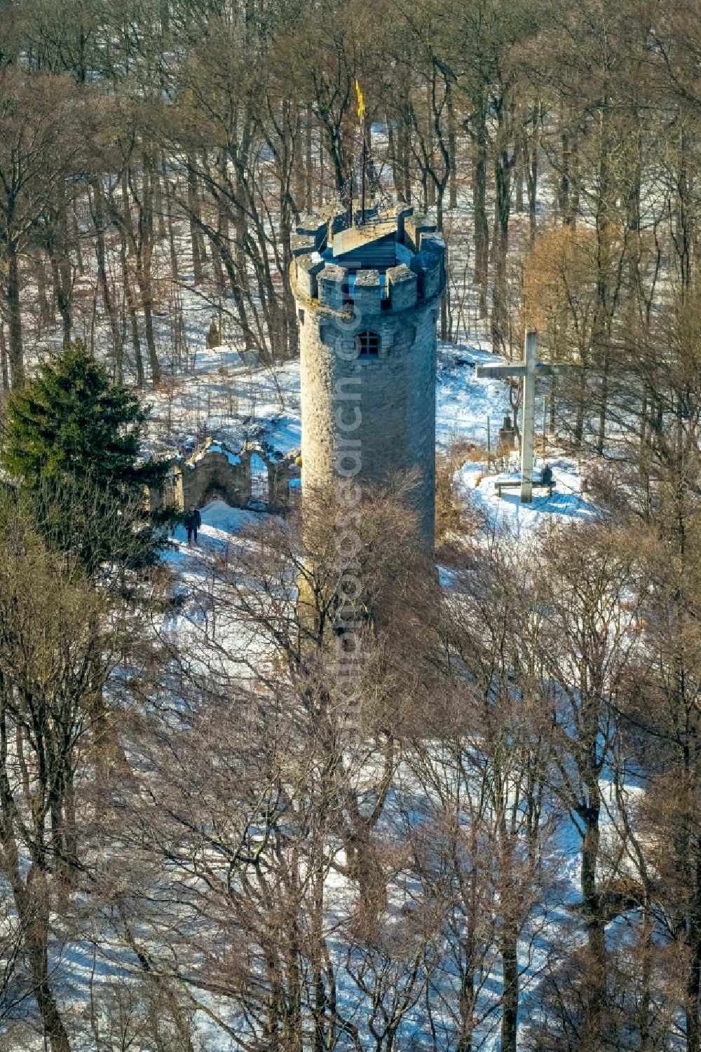 Marsberg from above - Wintry snowy structure of the observation tower Bilsteinturm in Marsberg in the state North Rhine-Westphalia