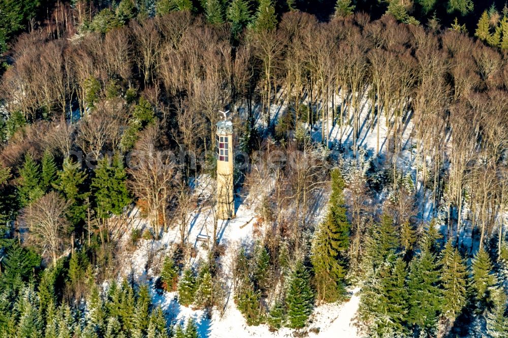 Aerial photograph Offenburg - Wintry snowy structure of the observation tower Brandeckturm in Offenburg in the state Baden-Wurttemberg, Germany