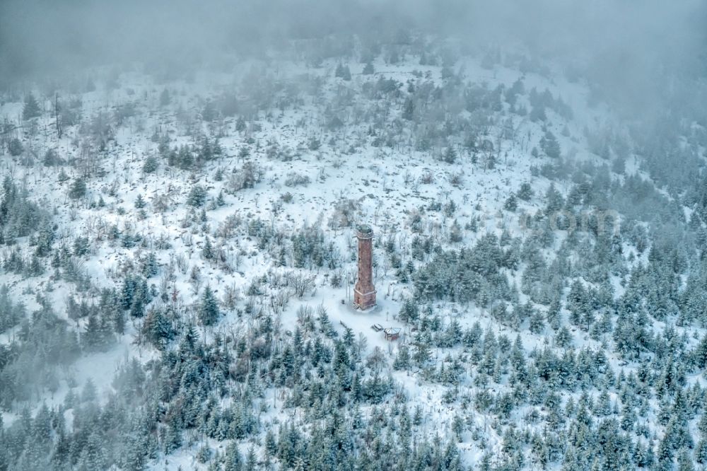 Gengenbach from the bird's eye view: Wintry snowy structure of the observation tower Moosturm on Mooskopf in Gengenbach in the state Baden-Wurttemberg, Germany