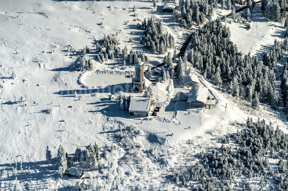 Seebach from the bird's eye view: Wintry snowy Hornisgrinde in Seebach in the state Baden-Wurttemberg, Germany