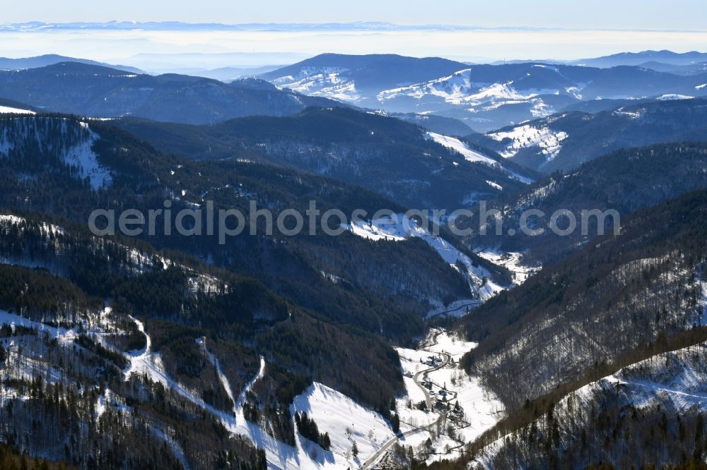 Todtnau from above - Wintry snowy valley landscape surrounded by mountains in the district Fahl in Todtnau, Black Forest, in the state Baden-Wurttemberg, Germany