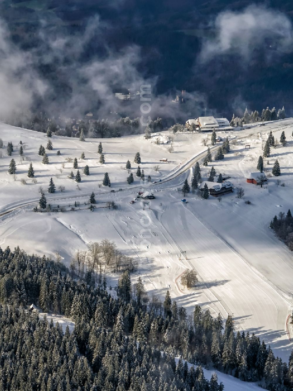 Aerial image Waldkirch - Wintry snowy rock and mountain landscape of Kandel in Waldkirch in the state Baden-Wurttemberg, Germany