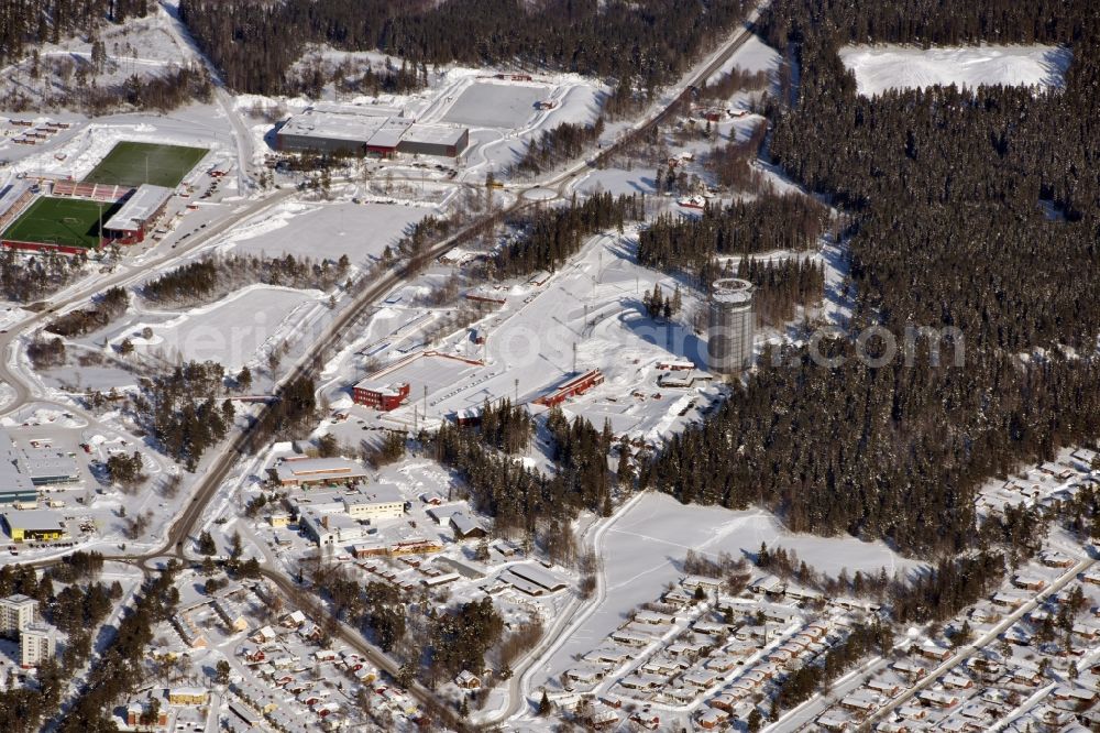 Aerial photograph Östersund - Wintry snowy Training and competitive sports center of biathlon Oestersund Skistadion in Oestersund in Jaemtlands laen, Sweden