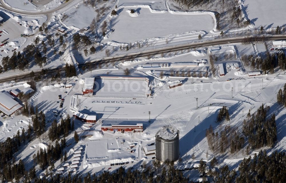 Aerial image Östersund - Wintry snowy Training and competitive sports center of biathlon Oestersund Skistadion in Oestersund in Jaemtlands laen, Sweden