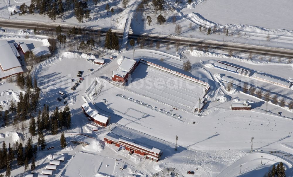 Aerial photograph Östersund - Wintry snowy Training and competitive sports center of biathlon Oestersund Skistadion in Oestersund in Jaemtlands laen, Sweden