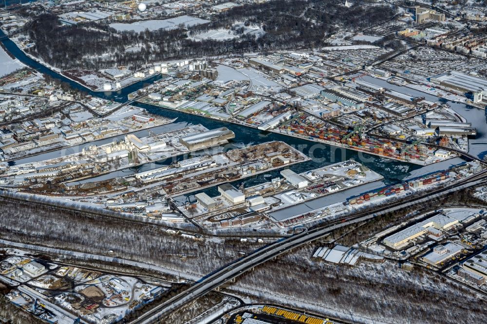 Aerial image Dortmund - Wintry snowy inland waterway Centre Port of Dortmund at Ruhrgebiet in North Rhine-Westphalia