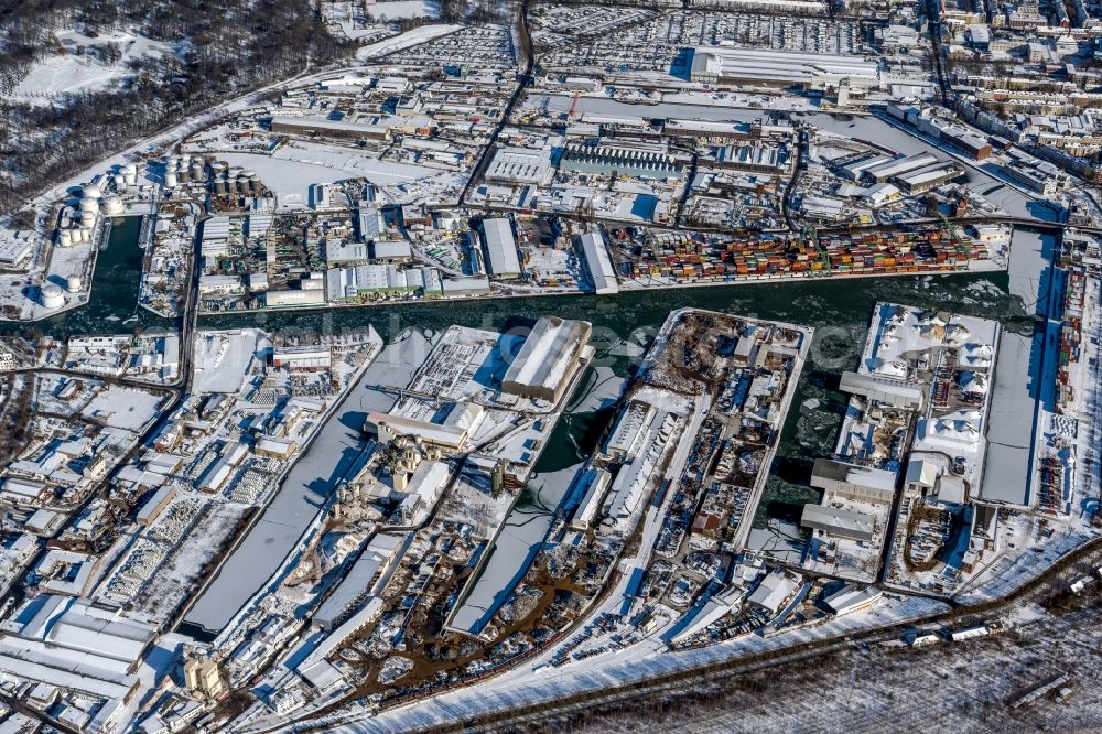 Dortmund from above - Wintry snowy inland waterway Centre Port of Dortmund at Ruhrgebiet in North Rhine-Westphalia