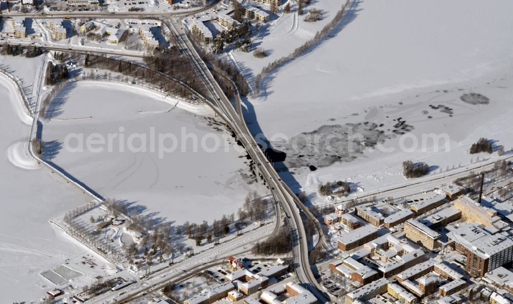 Östersund from above - Wintry snowy Road bridge construction on the island in Oestersund in Jaemtland County, Sweden