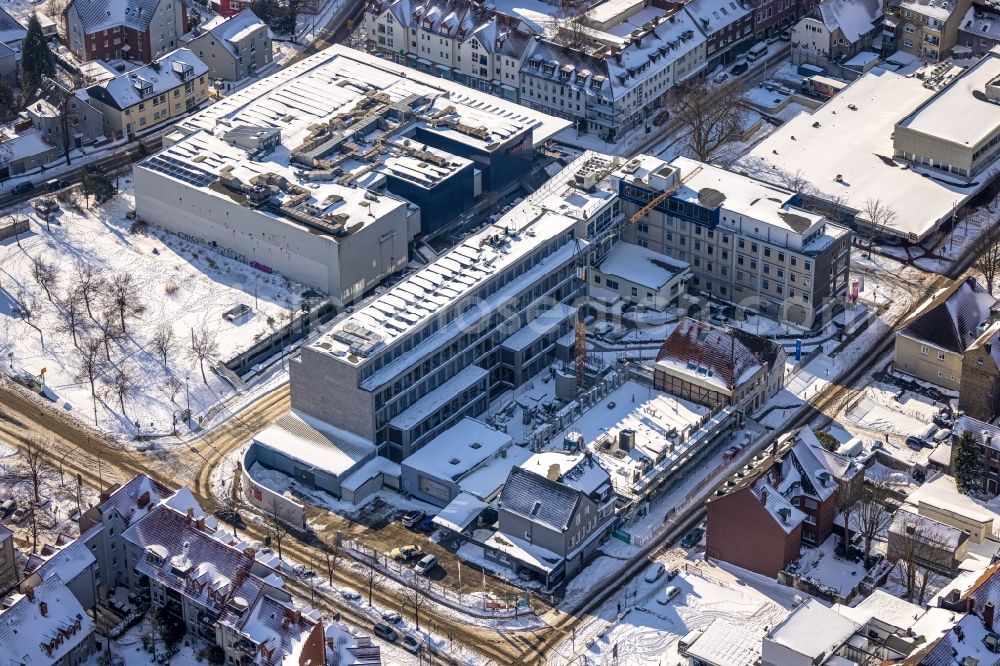 Aerial image Hamm - Wintry snowy new office and commercial building of WA - Westfaelischer Anzeiger on Widumstrasse in Hamm in the state North Rhine-Westphalia, Germany